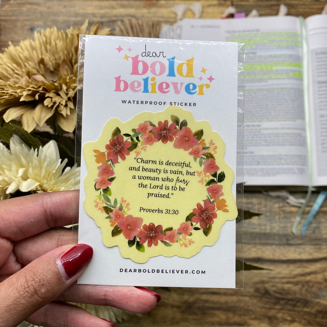 Inspiration with Clear Proverbs 31:30 Floral Sticker - Waterproof Vinyl (2.75x2.75")