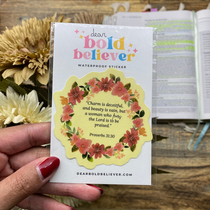Inspiration with Clear Proverbs 31:30 Floral Sticker - Waterproof Vinyl (2.75x2.75")