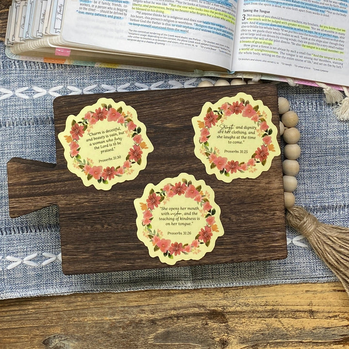Inspiration with Clear Proverbs 31 Floral Sticker Pack - Waterproof Vinyl (2.75x2.75")