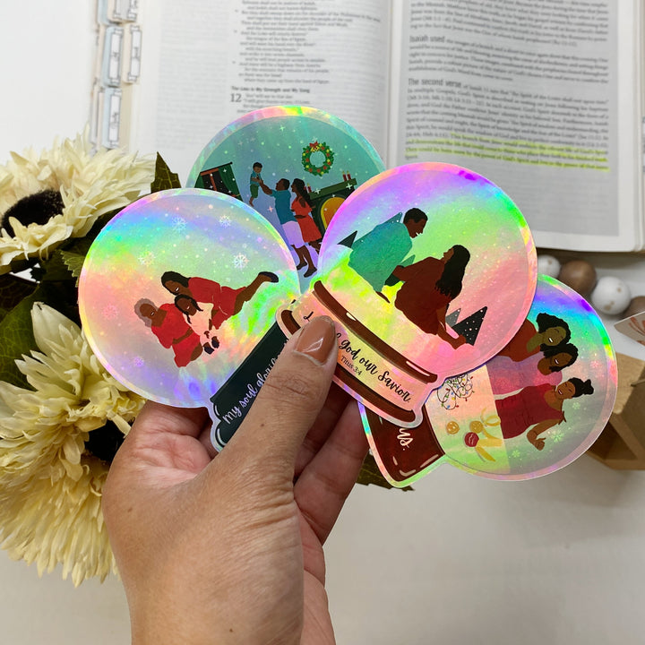 Shimmering Winter Snow Globe Hologram Bible Verse Sticker - Waterproof Vinyl