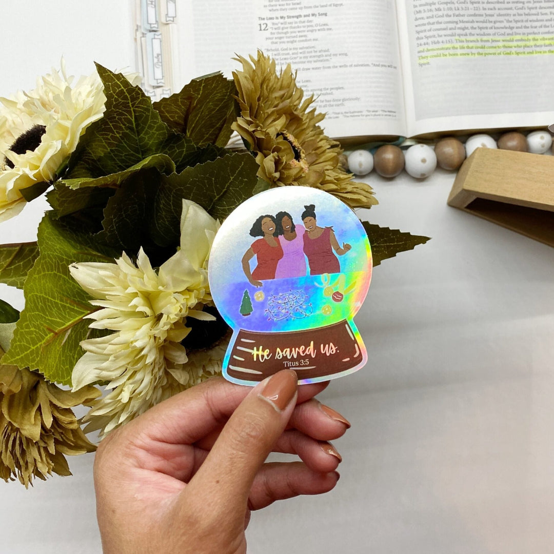 Shimmering Winter Snow Globe Hologram Bible Verse Sticker - Waterproof Vinyl