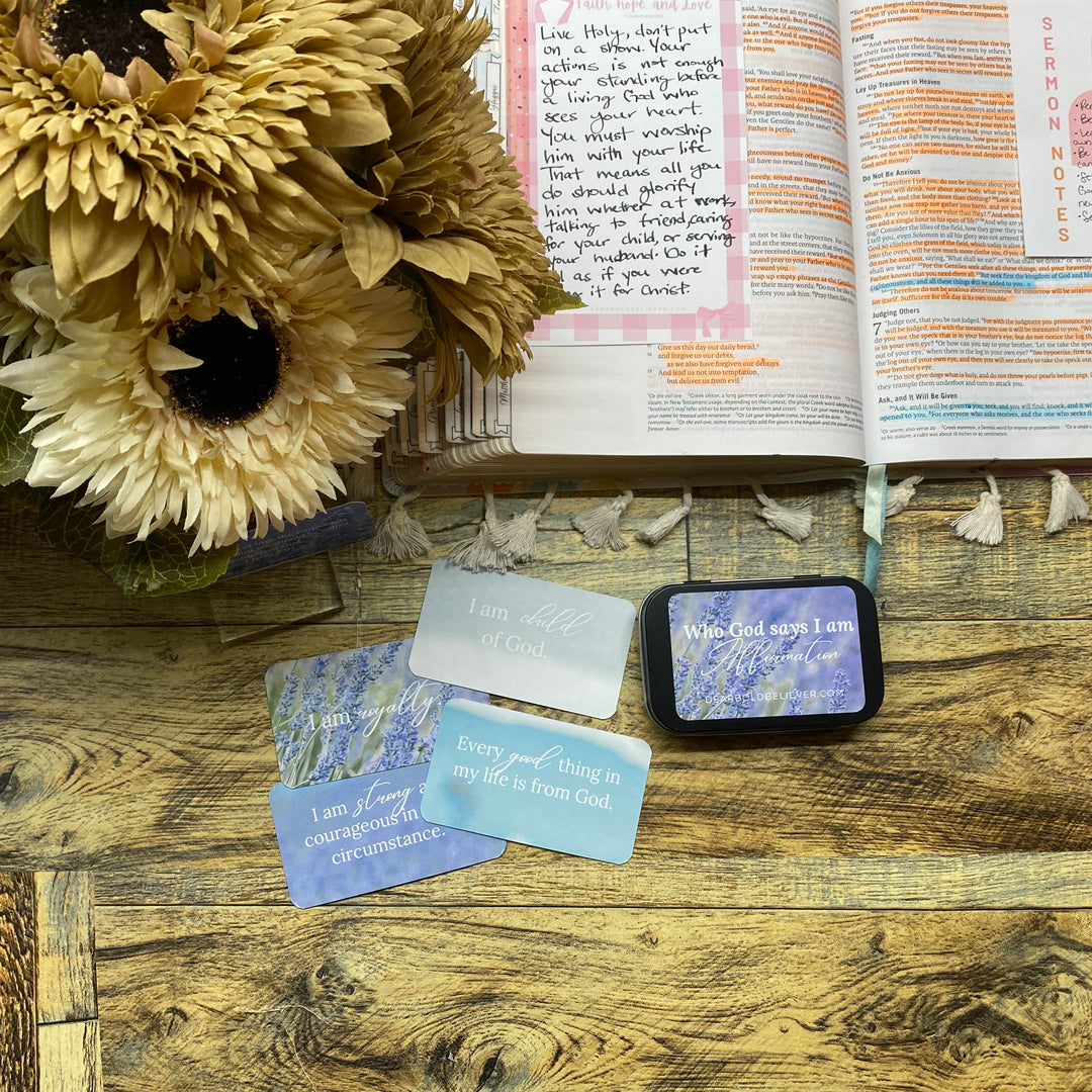 Lavender Who God says I am Bible Verse Cards in Tin