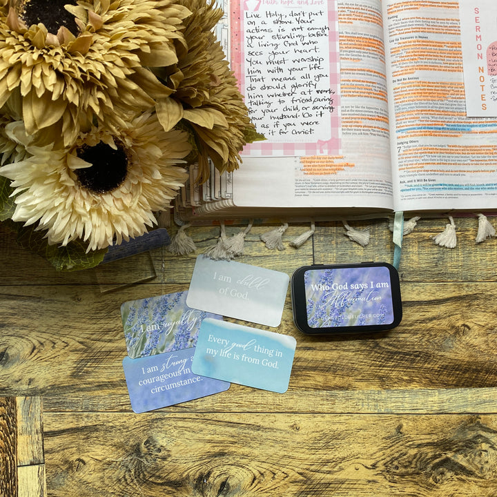 Lavender Who God says I am Bible Verse Cards in Tin