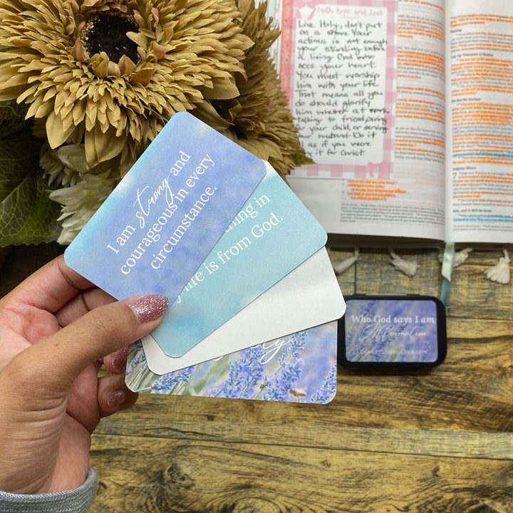 Lavender Who God says I am Bible Verse Cards in Tin