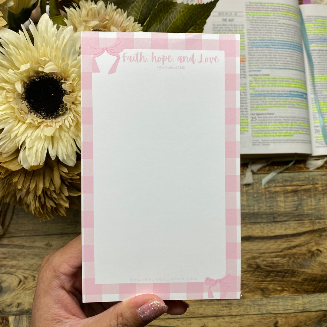 Pink Gingham 'Faith, Hope, and Love' Notepad