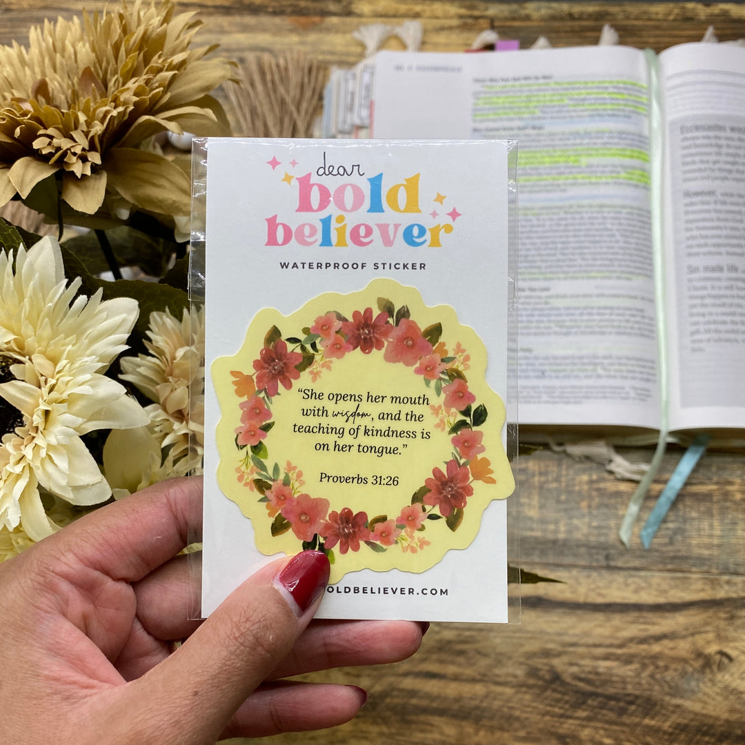 Inspiration with Clear Proverbs 31:26 Floral Sticker - Waterproof Vinyl (2.75x2.75")