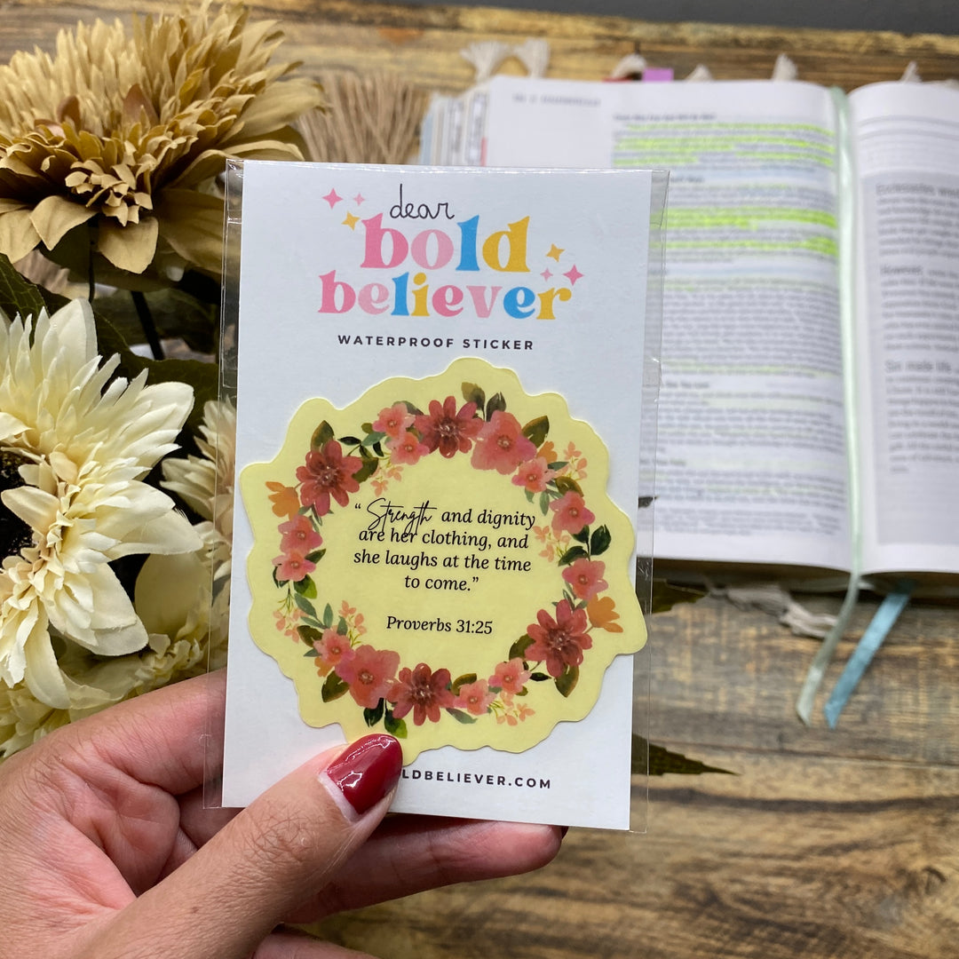 Inspiration with Clear Proverbs 31:25 Floral Sticker - Waterproof Vinyl (2.75x2.75")