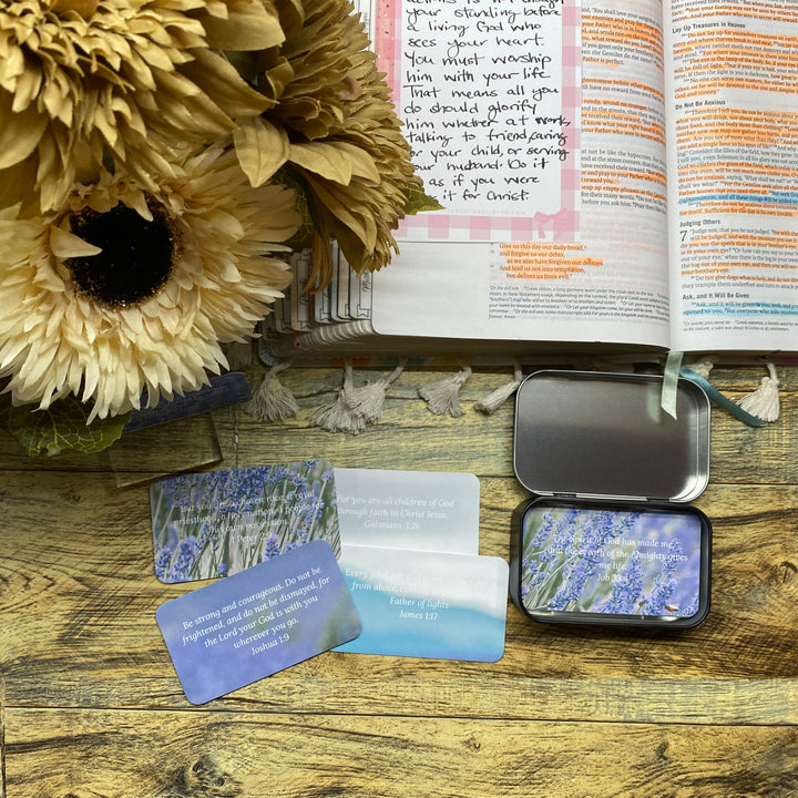 Lavender Who God says I am Bible Verse Cards in Tin