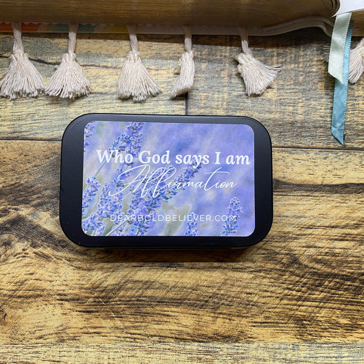 Lavender Who God says I am Bible Verse Cards in Tin
