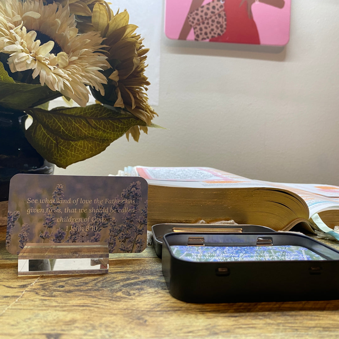 Lavender Who God says I am Bible Verse Cards in Tin