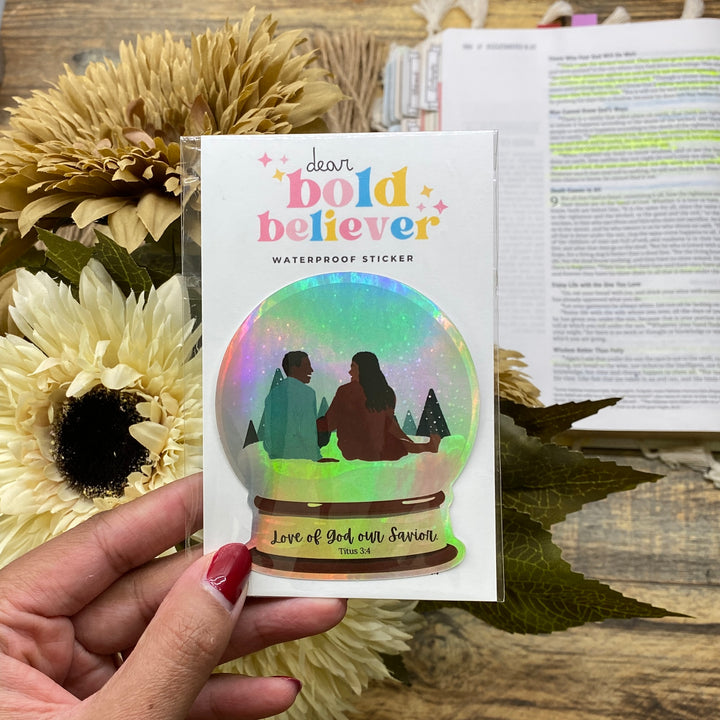 Shimmering Winter Snow Globe Couple Hologram Bible Verse Sticker - Waterproof Vinyl (2.5x3")