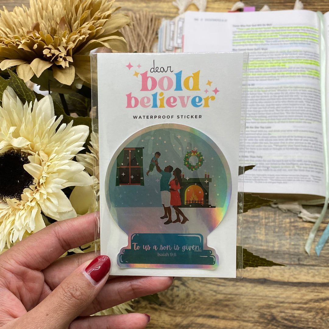Shimmering Winter Snow Globe Family Hologram Bible Verse Sticker - Waterproof Vinyl (2.5x3")
