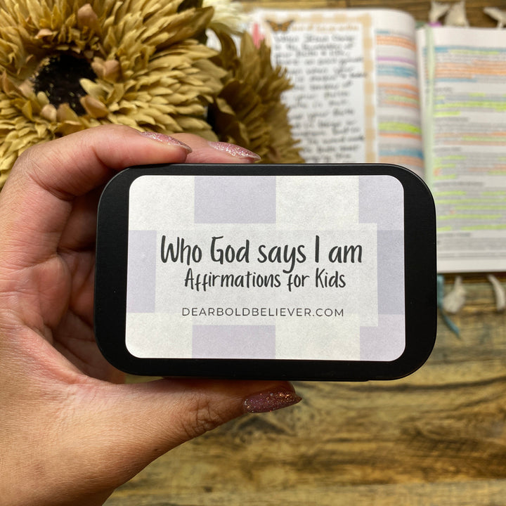 Gingham Who God says I am Kids Bible Verse Cards in Tin