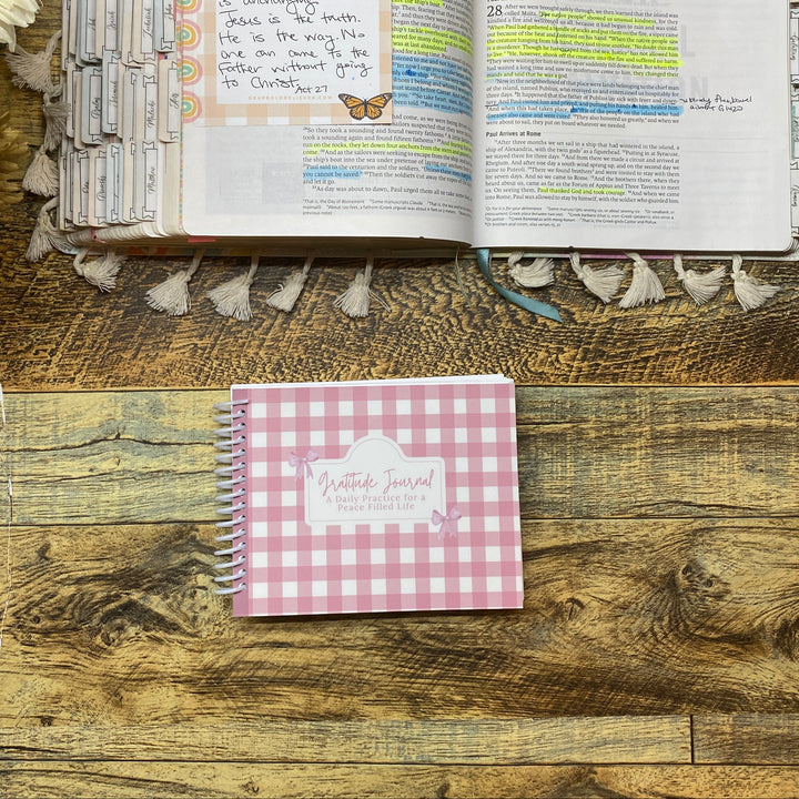 Open book with colorful markings on a wooden surface, next to a small pink gratitude notebook.