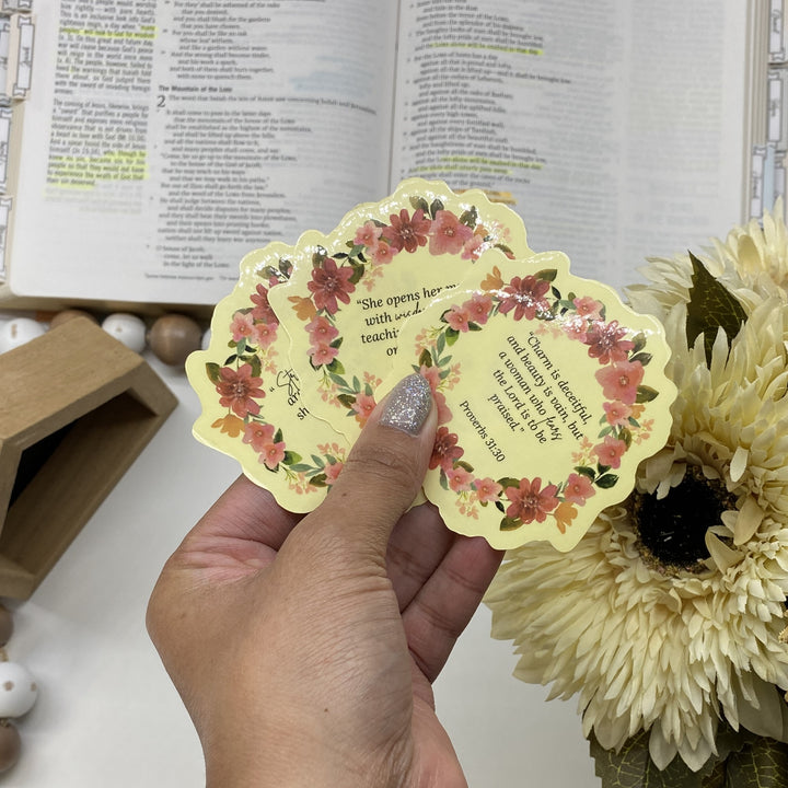 Inspiration with Clear Proverbs 31 Floral Sticker Pack - Waterproof Vinyl (2.75x2.75")
