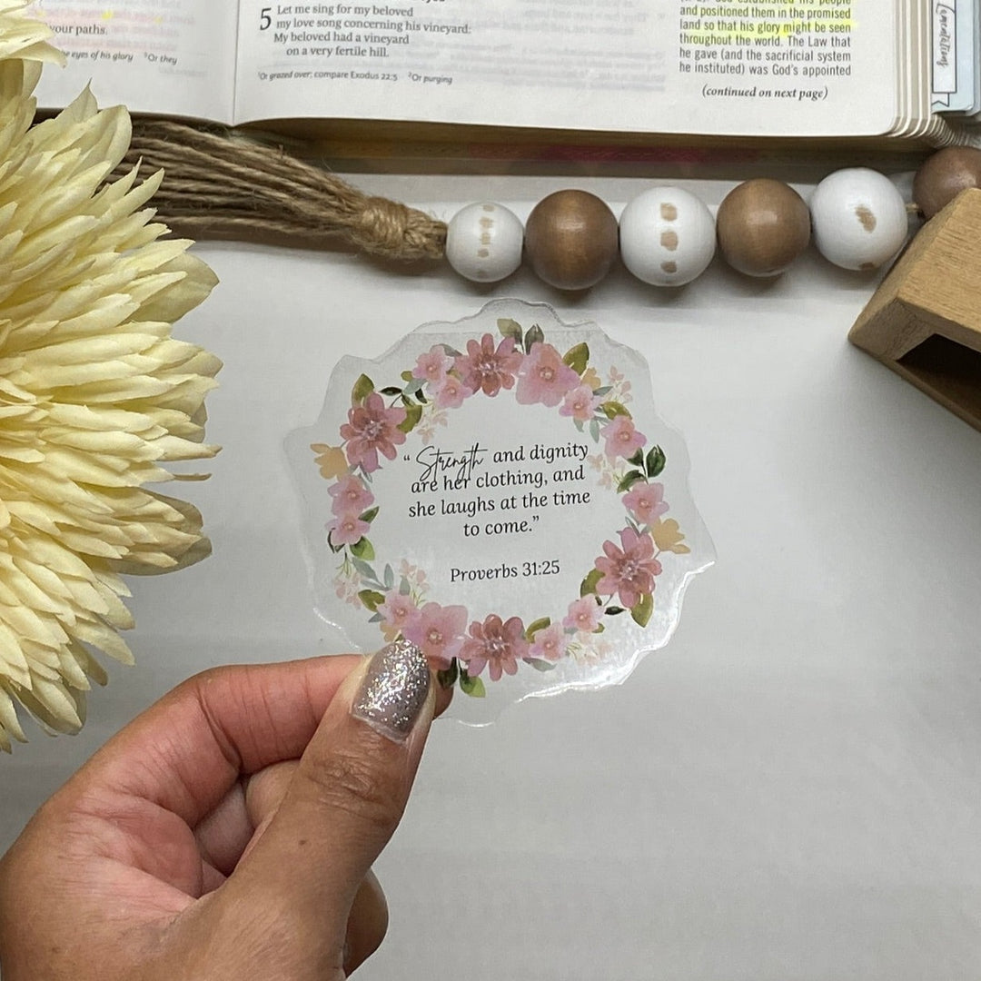 Inspiration with Clear Proverbs 31:25 Floral Sticker - Waterproof Vinyl (2.75x2.75")