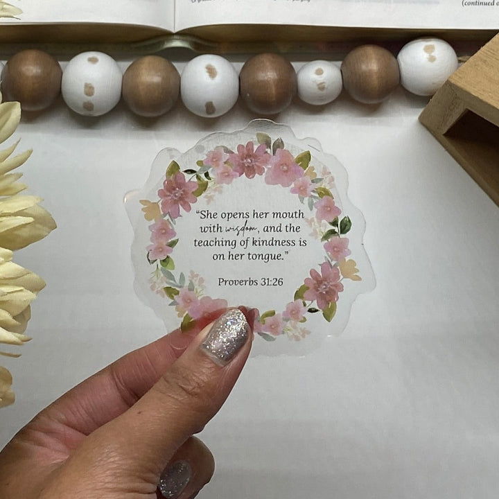 Inspiration with Clear Proverbs 31:26 Floral Sticker - Waterproof Vinyl (2.75x2.75")