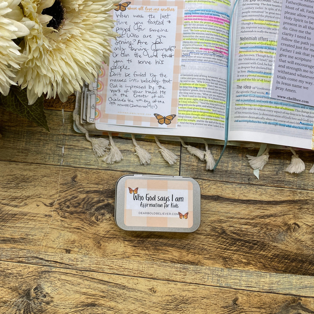 Gingham Who God says I am Kids Bible Verse Cards in Tin