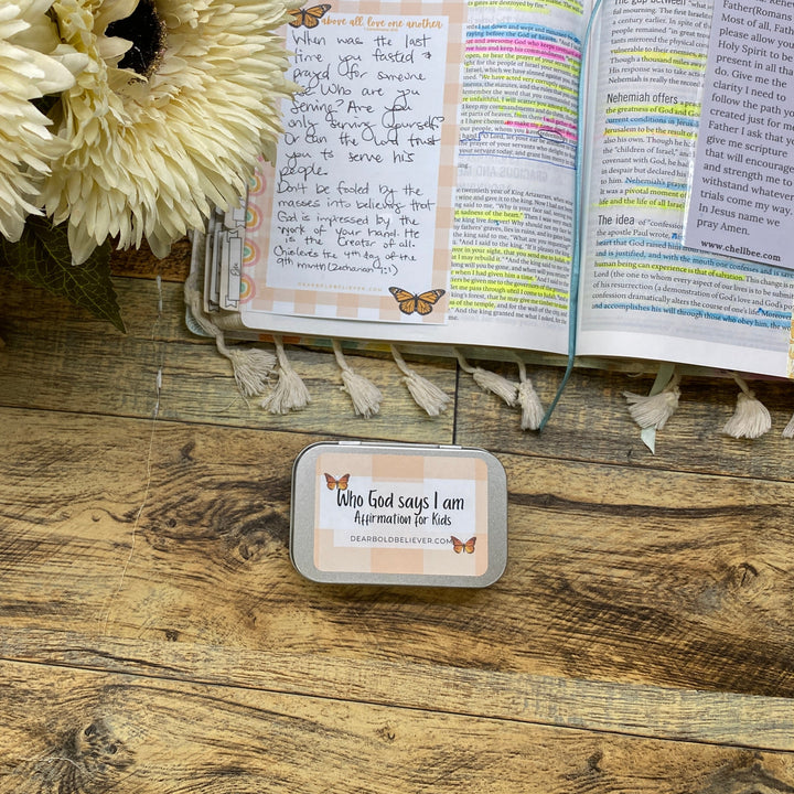 Gingham Who God says I am Kids Bible Verse Cards in Tin