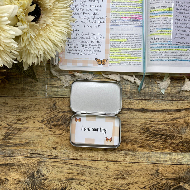 Gingham Who God says I am Kids Bible Verse Cards in Tin