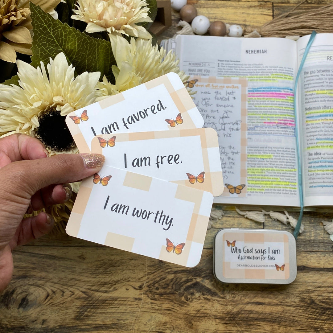 Gingham Who God says I am Kids Bible Verse Cards in Tin