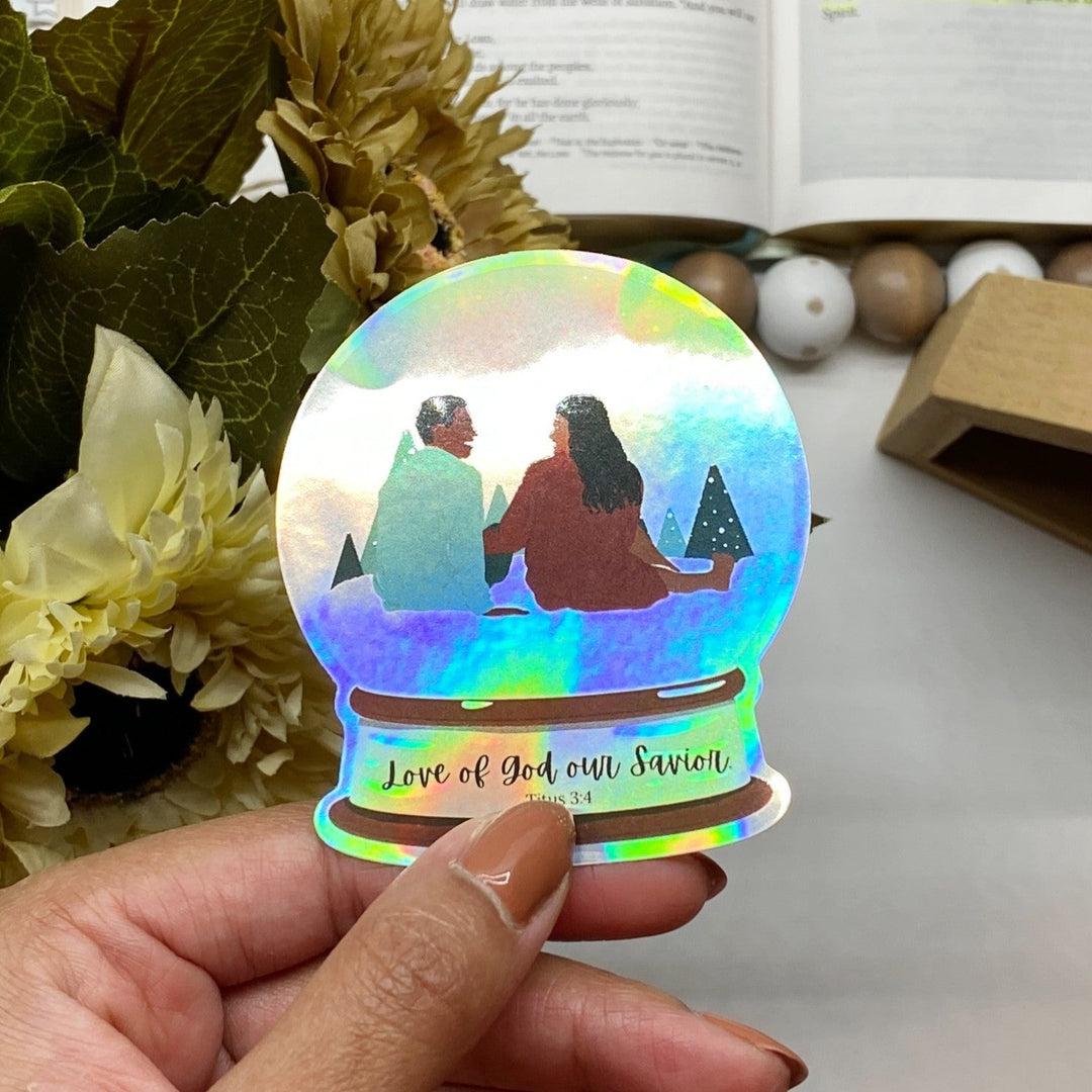 Shimmering Winter Snow Globe Couple Hologram Bible Verse Sticker - Waterproof Vinyl (2.5x3")