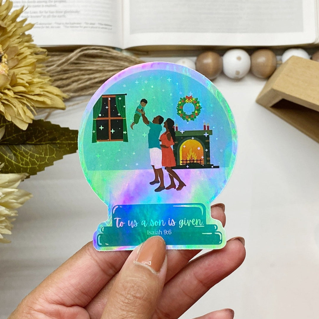 Shimmering Winter Snow Globe Family Hologram Bible Verse Sticker - Waterproof Vinyl (2.5x3")