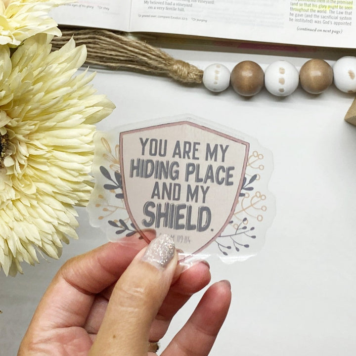 Encouraging Floral Shield Clear Bible Verse Sticker - Waterproof Vinyl (2.5x2.5")